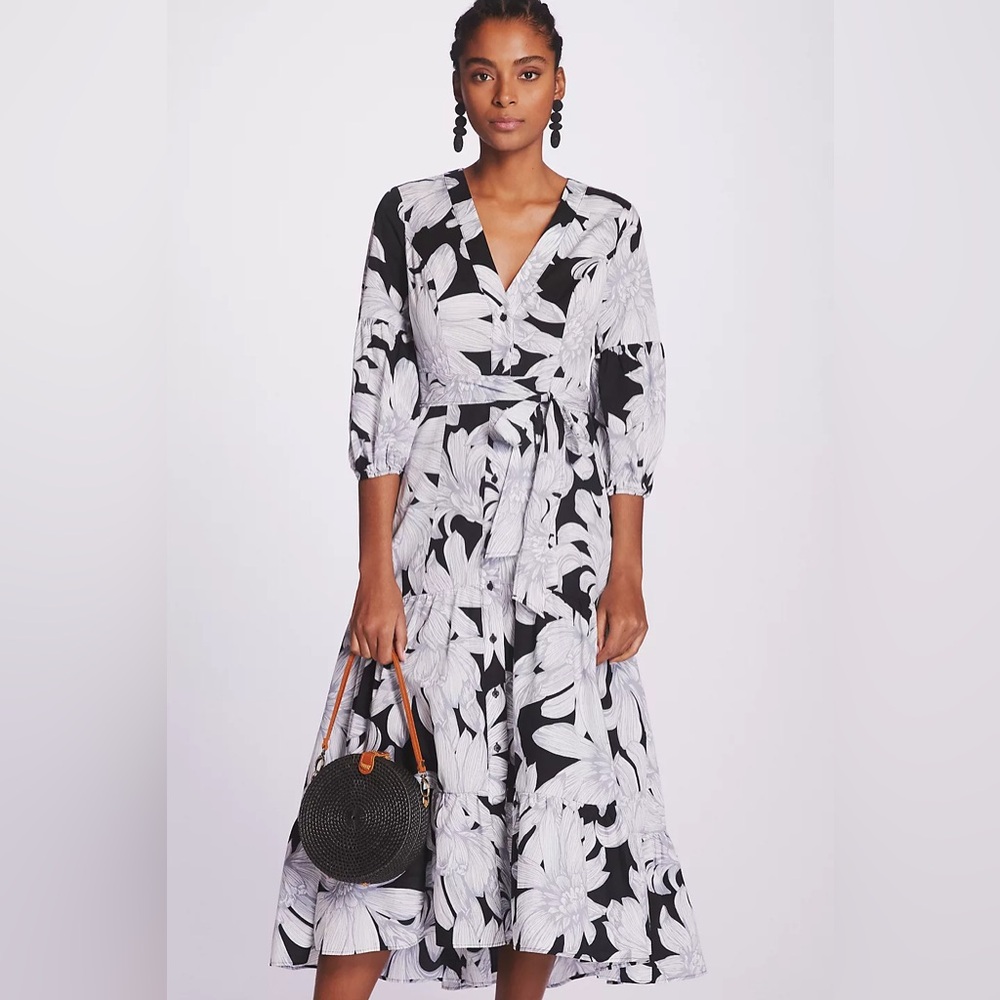Anthropologie Maeve Puff-Sleeved Midi Dress tiered US sz 2